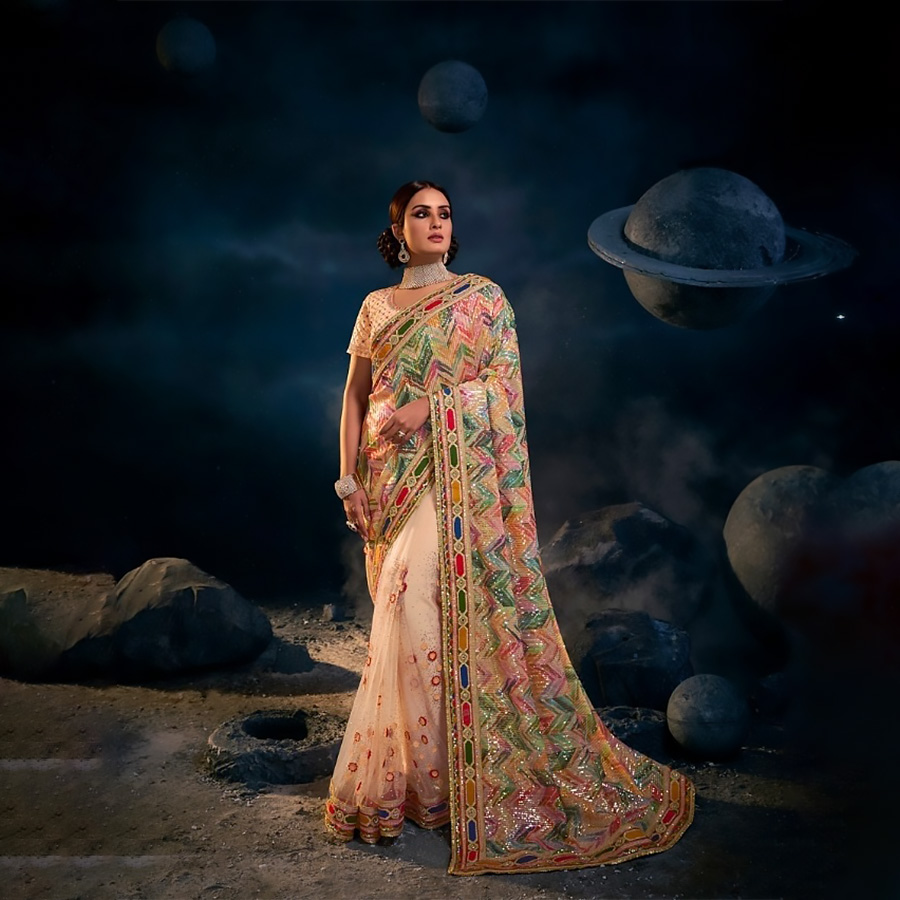 Peach Net Designer Saree