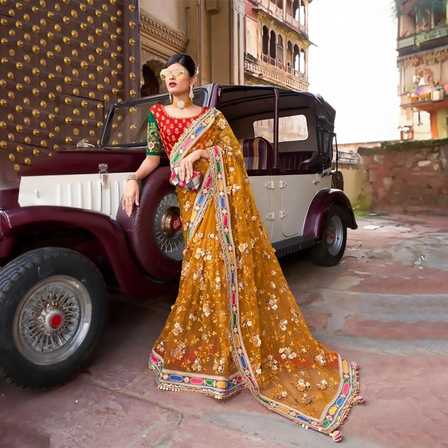 Yellow Net Designer Saree