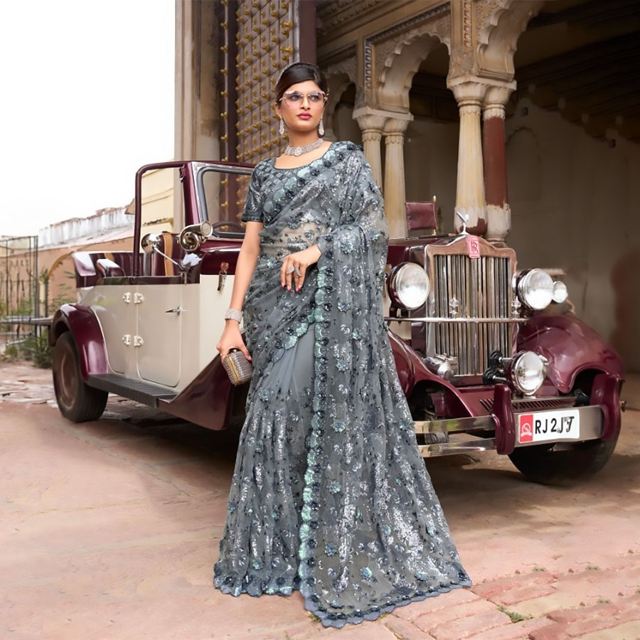 Grey Net Designer Saree