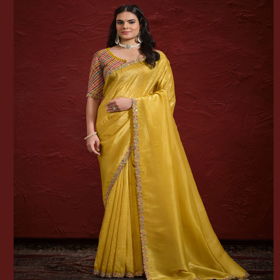 Yellow Crush Paper Silk Designer Saree