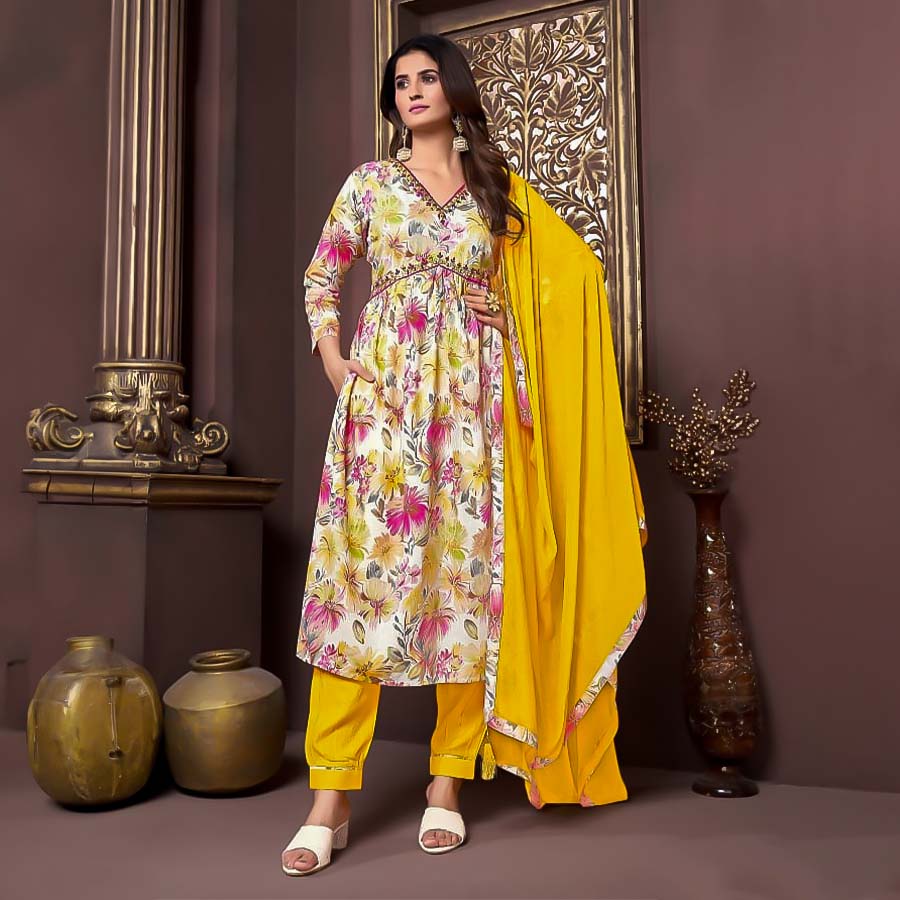 Yellow  Rayon Printed Salwar Kameez