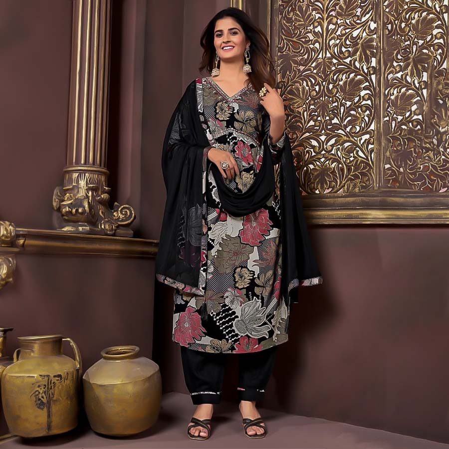 Black  Rayon Printed Salwar Kameez