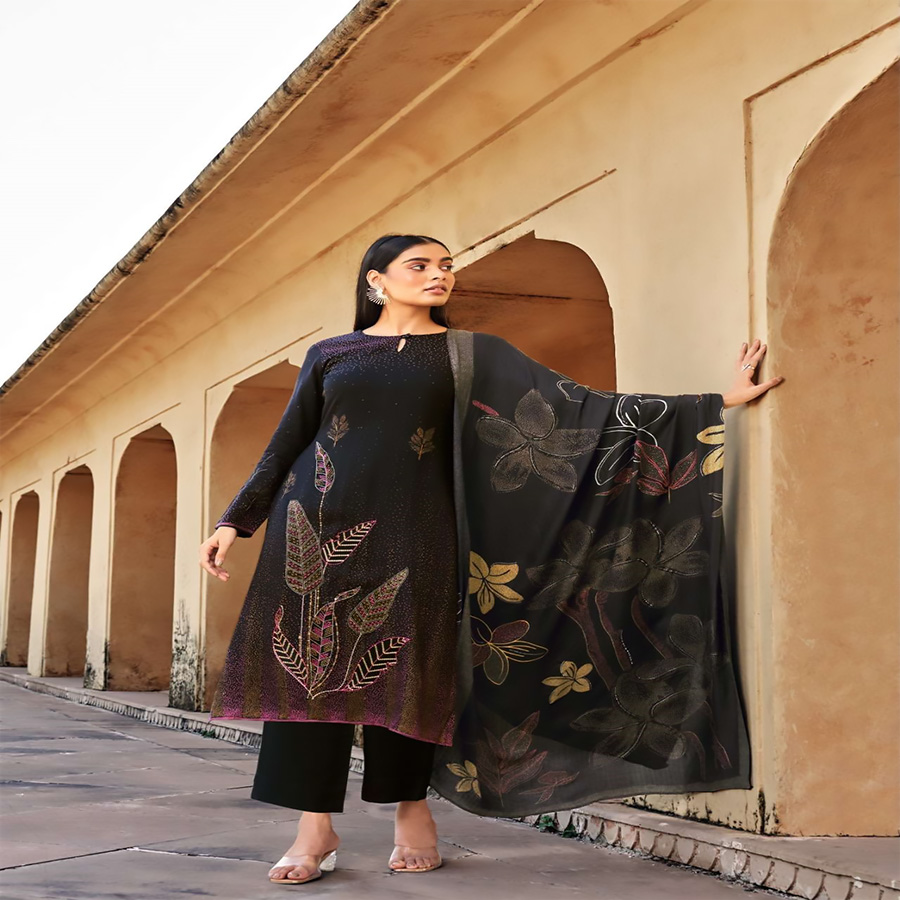 Black Pashmina Printed Suit