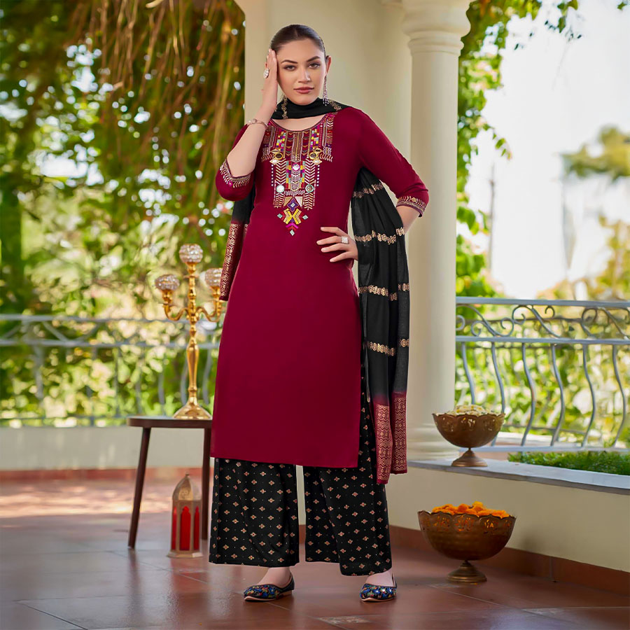 Red Rayon Casual Wear Salwar Kameez