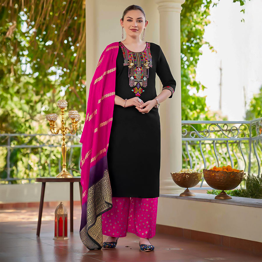 Black  Rayon Casual Wear Salwar Kameez