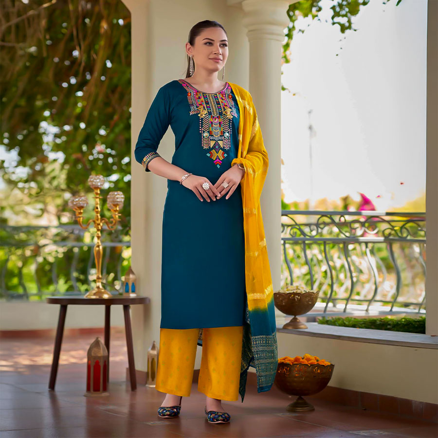 Blue Rayon Casual Wear Salwar Kameez