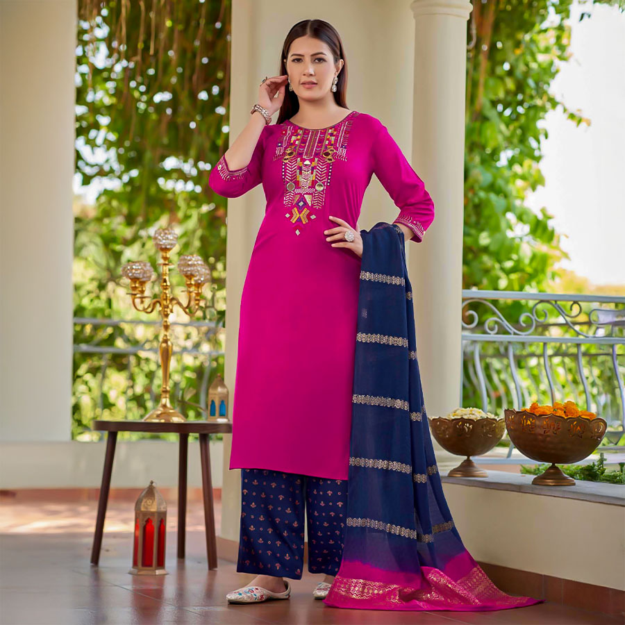 Pink Rayon Casual Wear Salwar Kameez