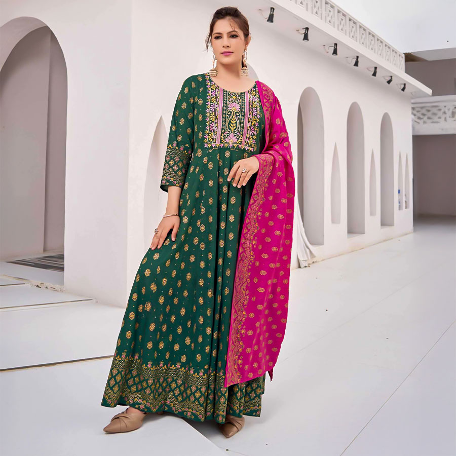 Green Rayon Casual Wear Salwar Kameez