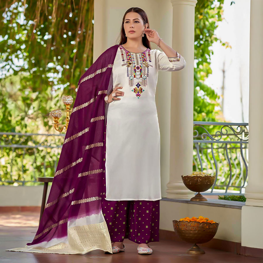 White  Rayon Casual Wear Salwar Kameez