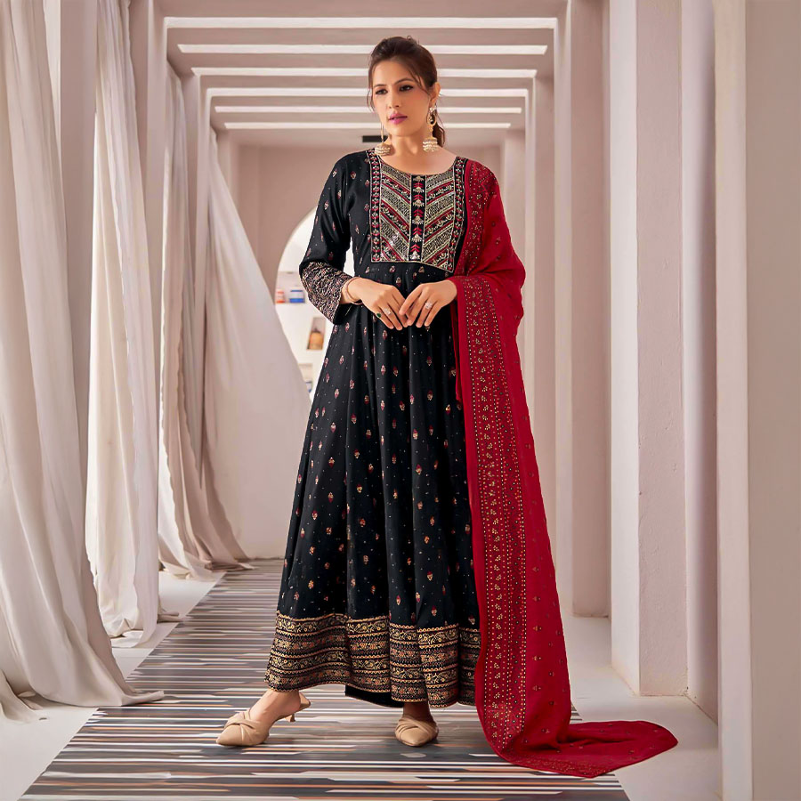 Black Rayon Casual Wear Salwar Kameez
