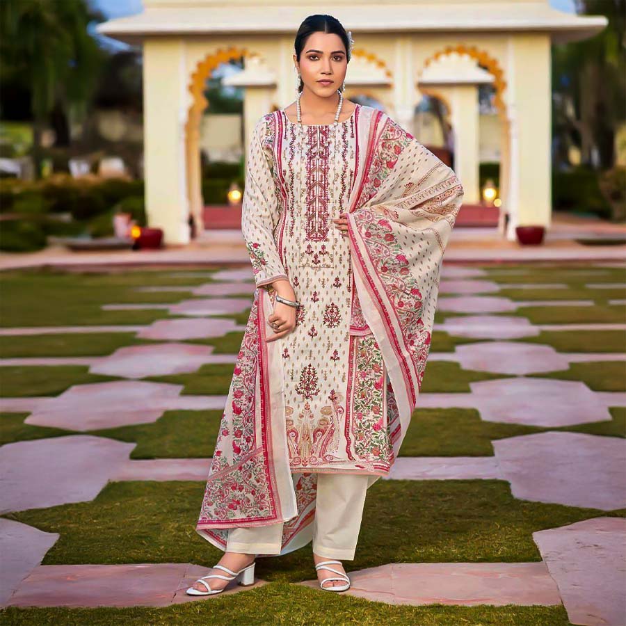 White Jam Satin Casual Wear Salwar Kameez