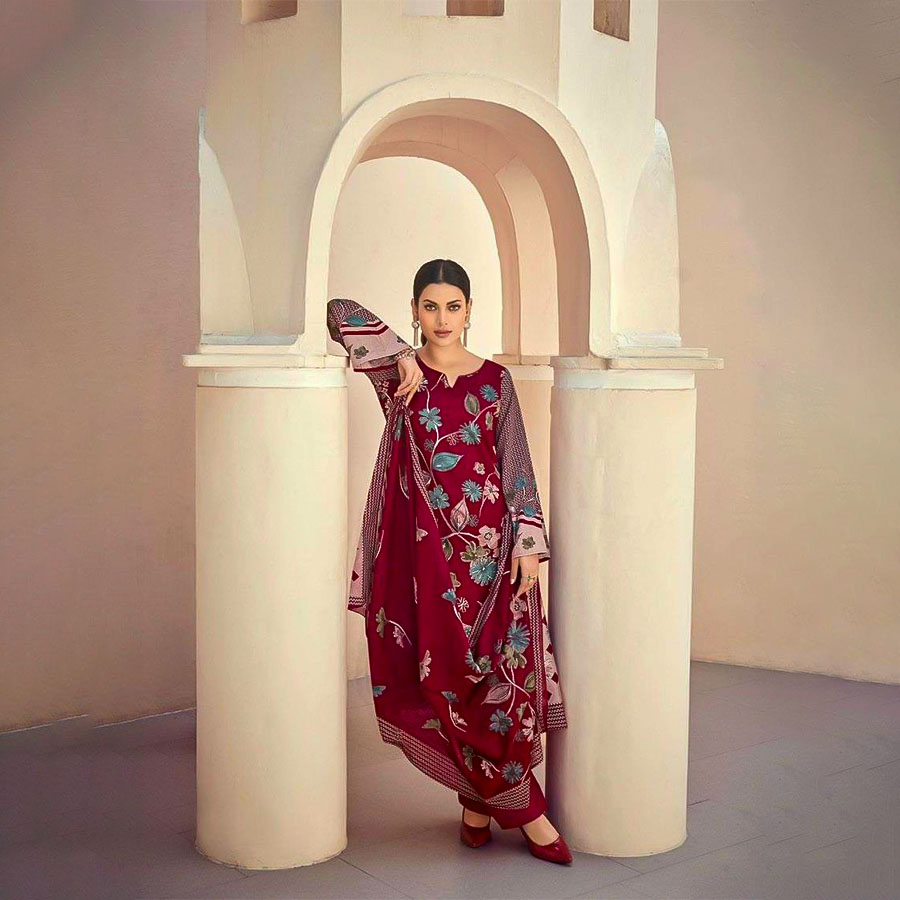 Red Jam Silk Printed Salwar Kameez