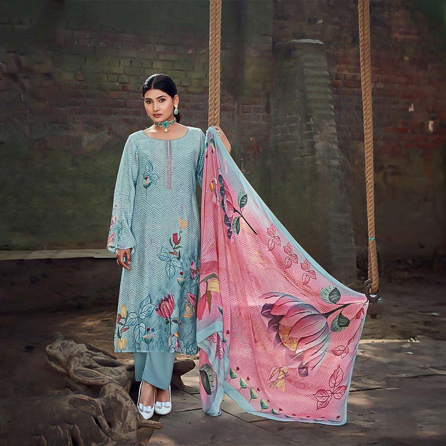 Sky Blue Viscose Muslin Casual Wear Salwar Kameez