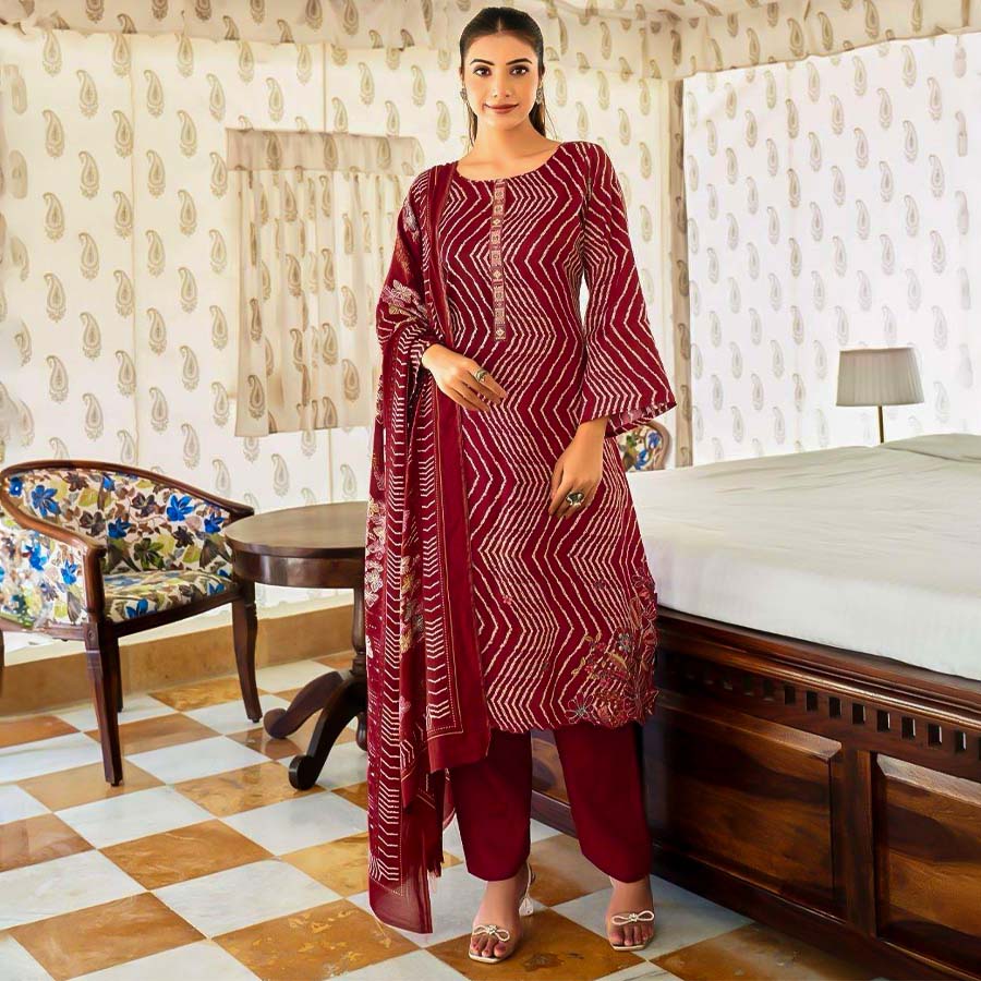 Red Jam Satin Casual Wear Salwar Kameez