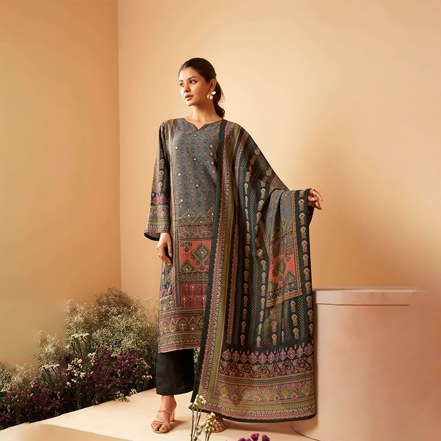 Olive Green Viscose Muslin Printed Suit