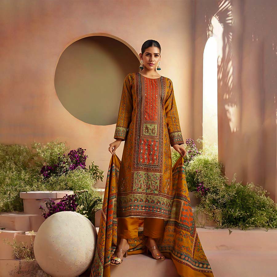 Orange  Viscose Muslin Casual Wear Salwar Kameez