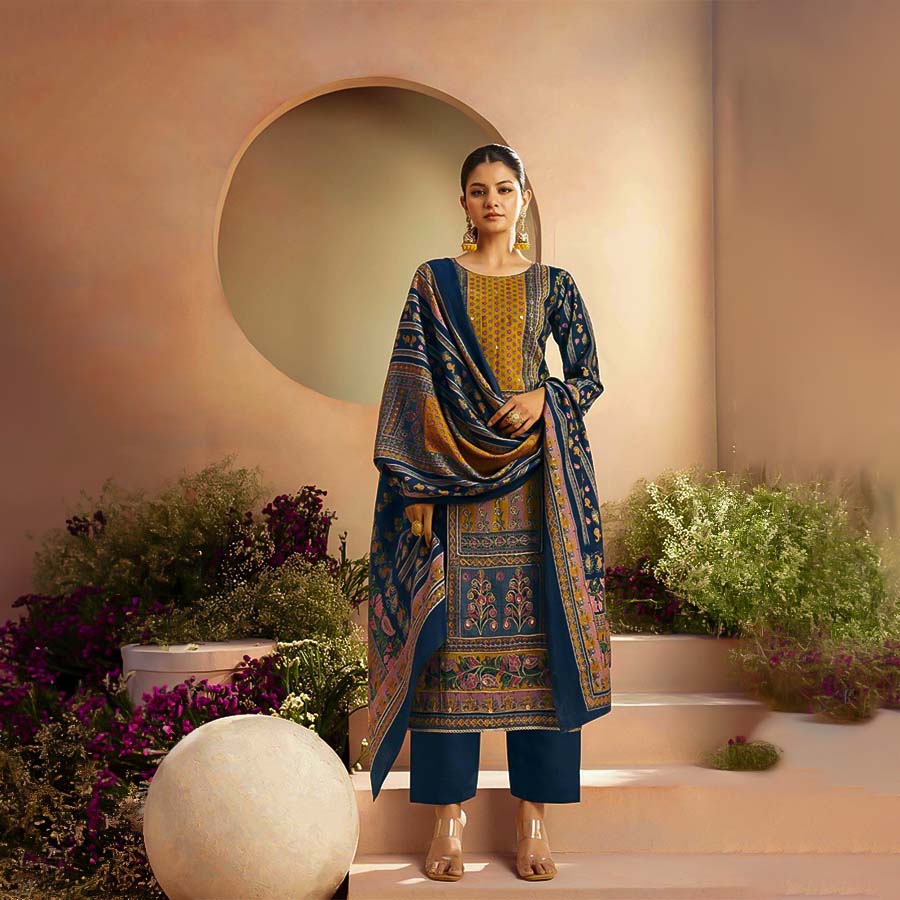 Blue Viscose Muslin Casual Wear Salwar Kameez