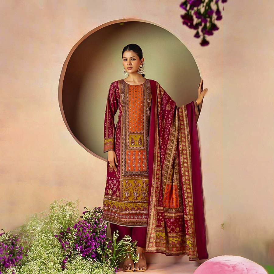 Red Viscose Muslin Casual Wear Salwar Kameez