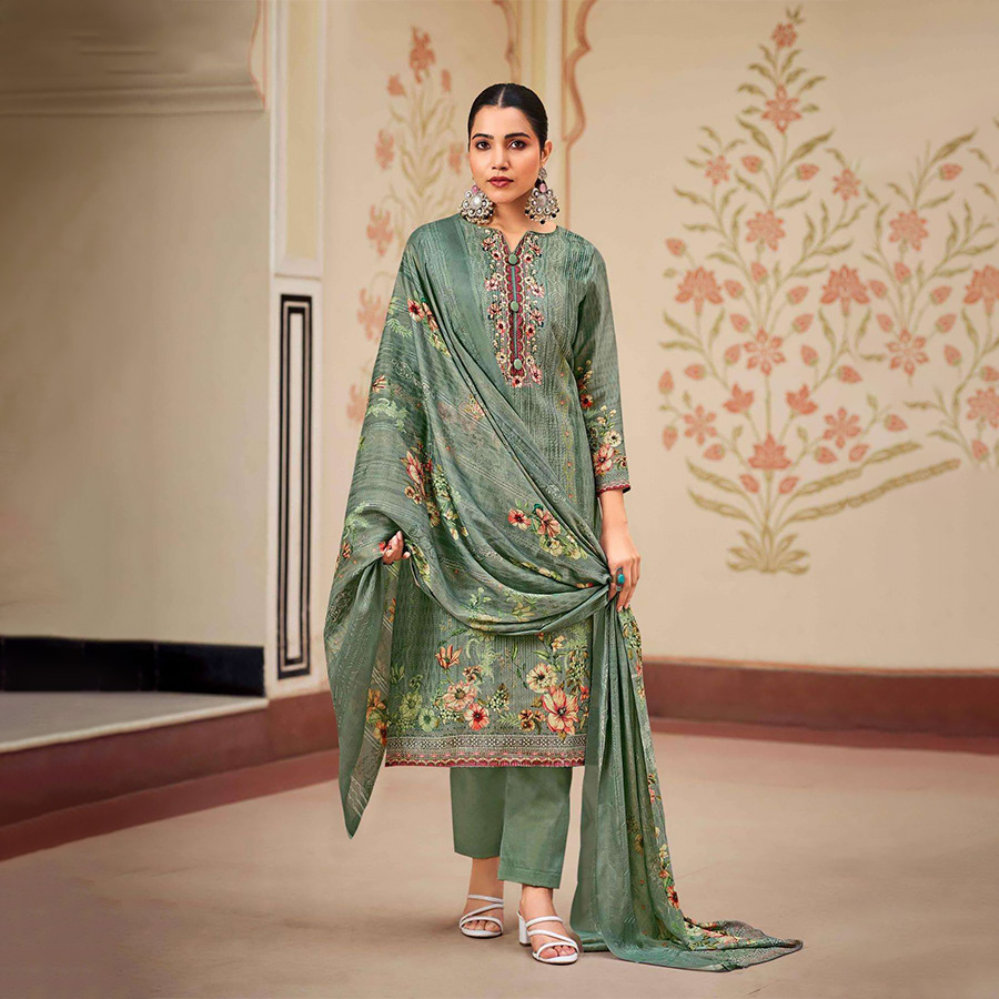 Olive Green Jam Satin Printed Suit