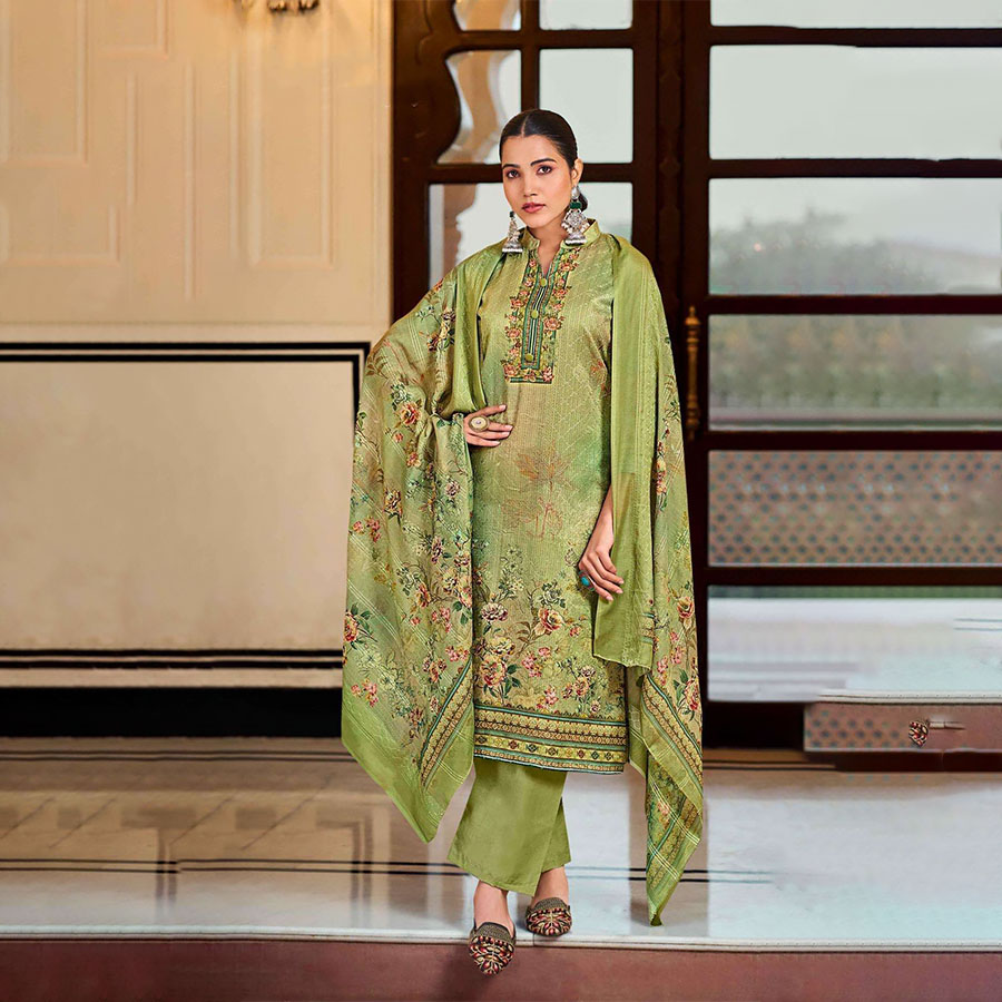 Light Green Jam Satin Printed Suit