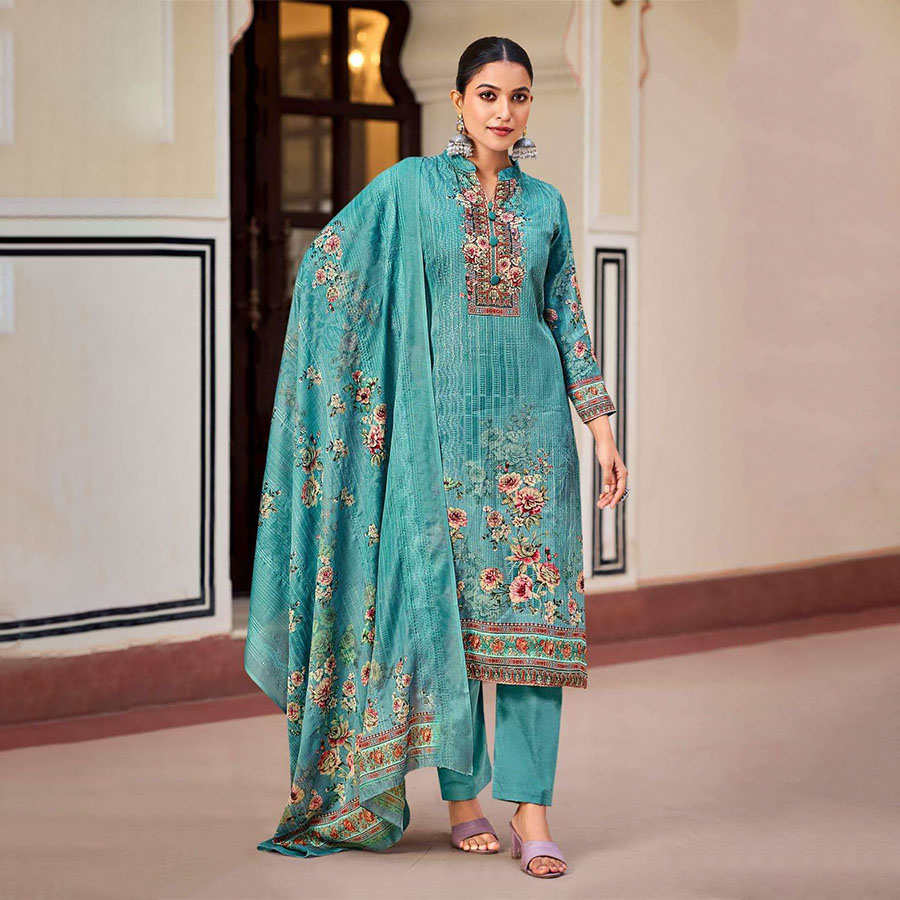 Blue Jam Satin Printed Suit