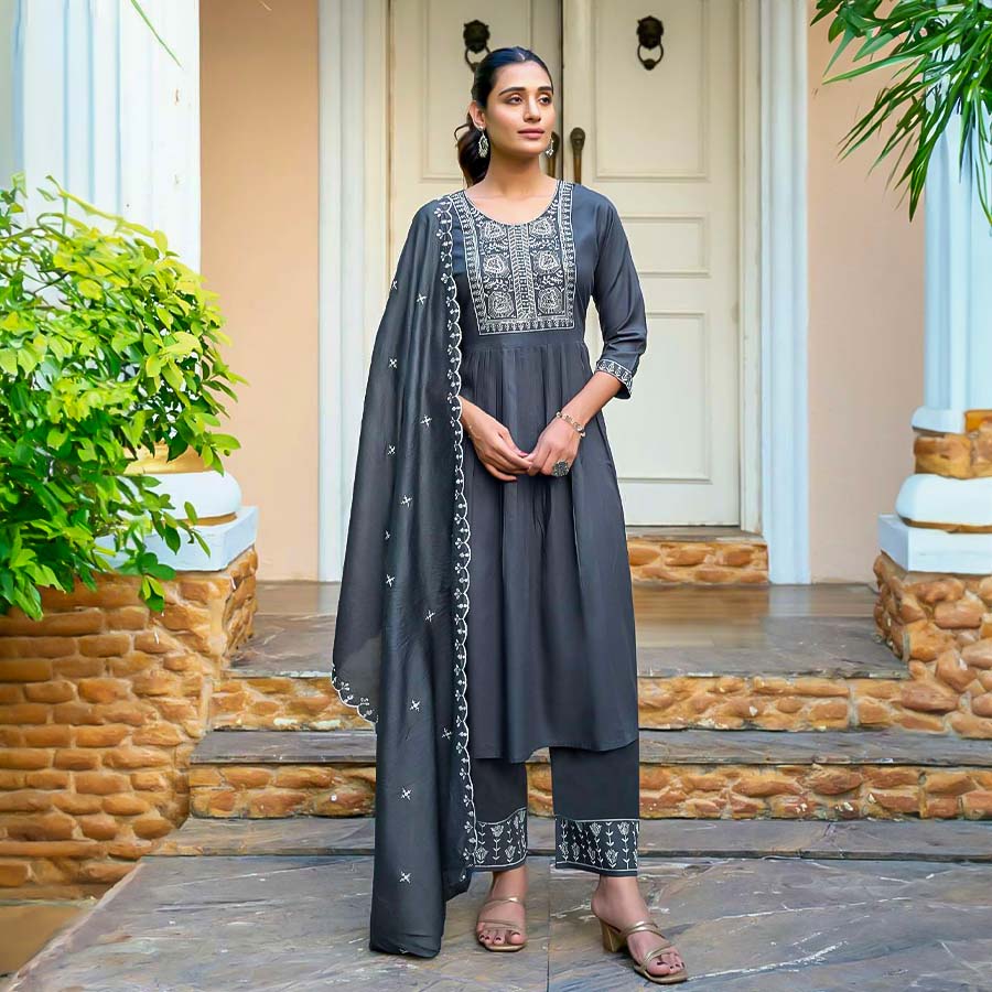 Grey  Viscose  Casual Wear Salwar Kameez