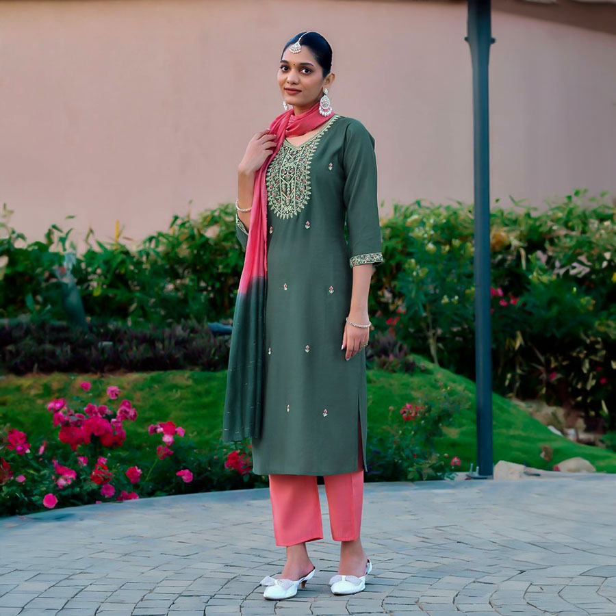 Green  Roman Silk Casual Wear Salwar Kameez