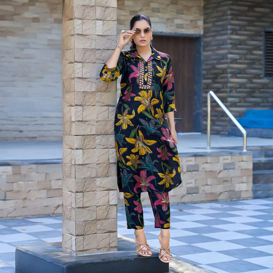 Black  Vertican Silk Printed Kurti