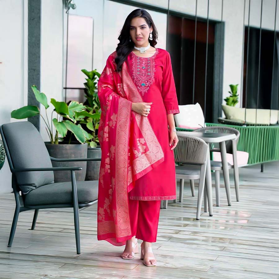 Red  Roman Silk Casual Wear Salwar Kameez