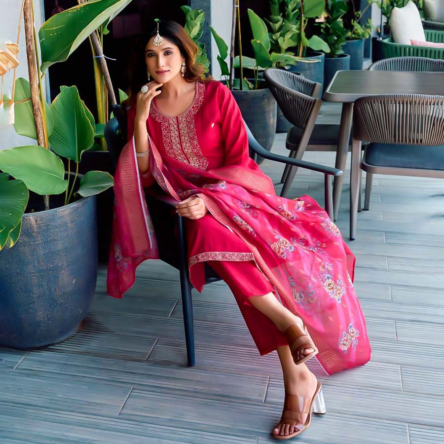 Red Roman Silk Casual Wear Salwar Kameez
