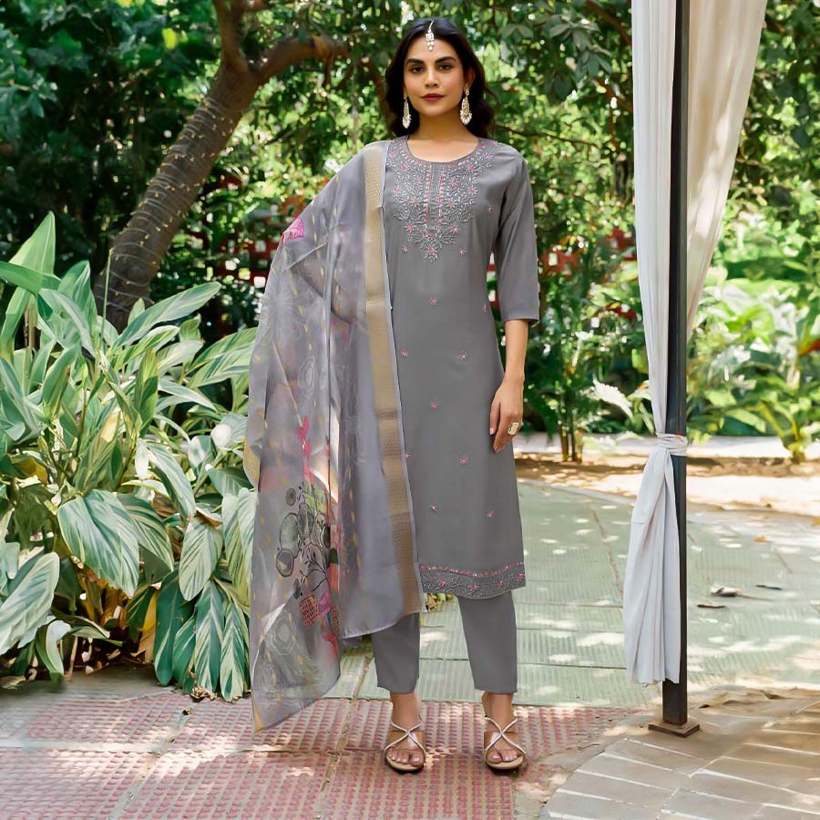 Grey Roman Silk Casual Wear Salwar Kameez