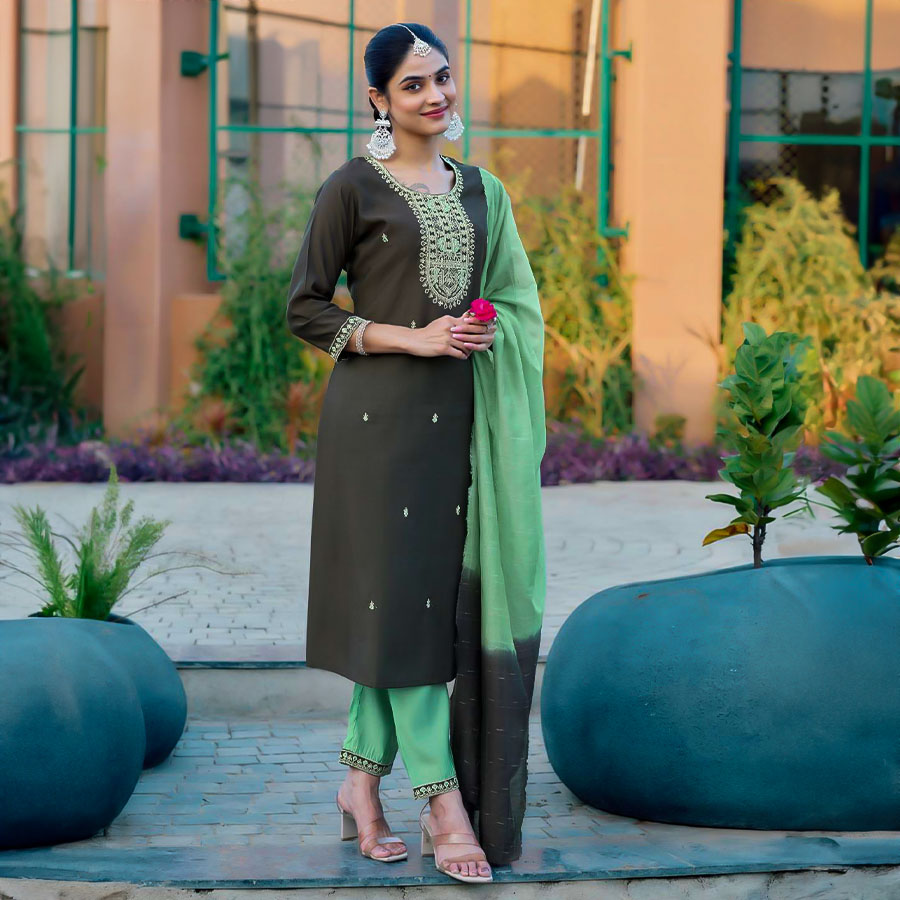 Green  Roman Silk Casual Wear Salwar Kameez