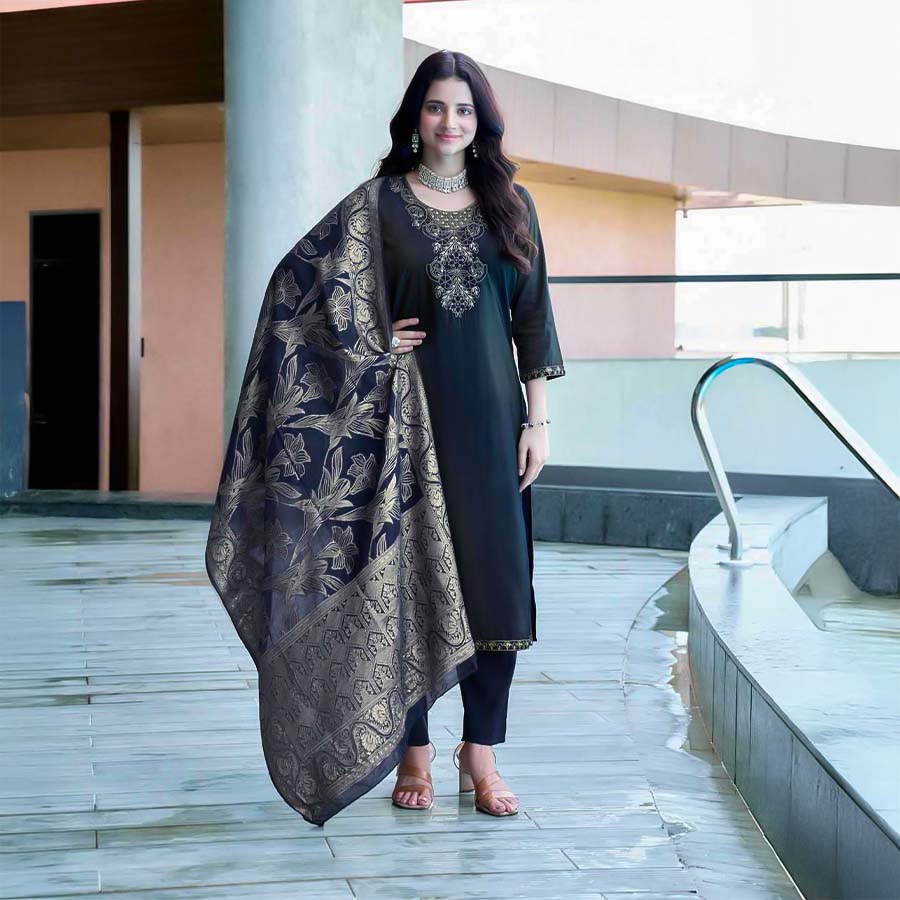 Black  Roman Silk Casual Wear Salwar Kameez