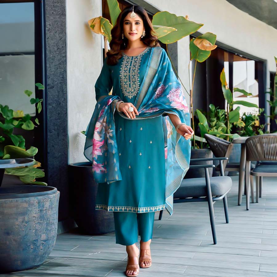 Sky Blue Roman Silk Casual Wear Salwar Kameez