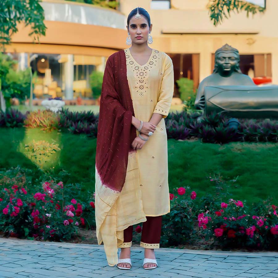 Yellow  Roman Silk Casual Wear Salwar Kameez