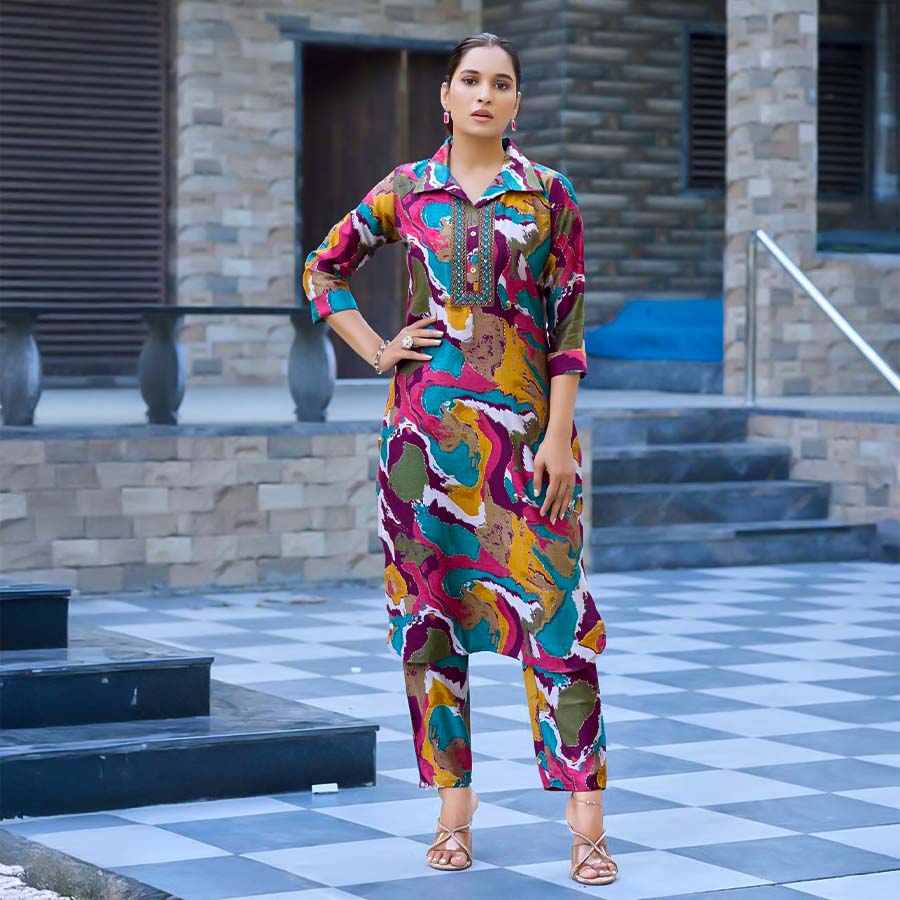 Blue Vertican Silk Printed Kurti