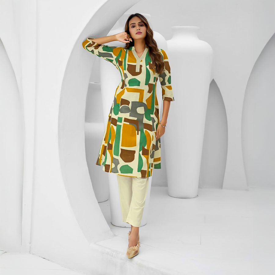 Yellow Cotton Flex Printed Kurti