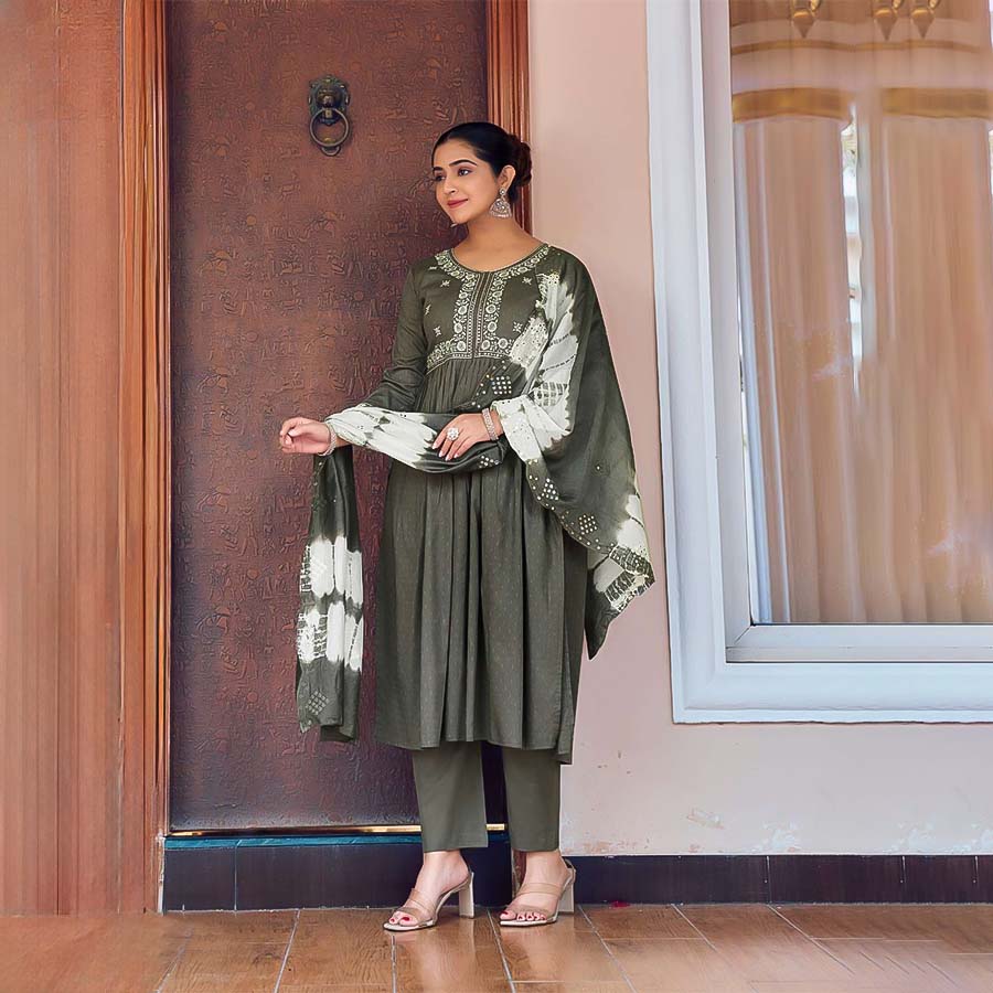 Olive Green Cotton Casual Wear Kurti