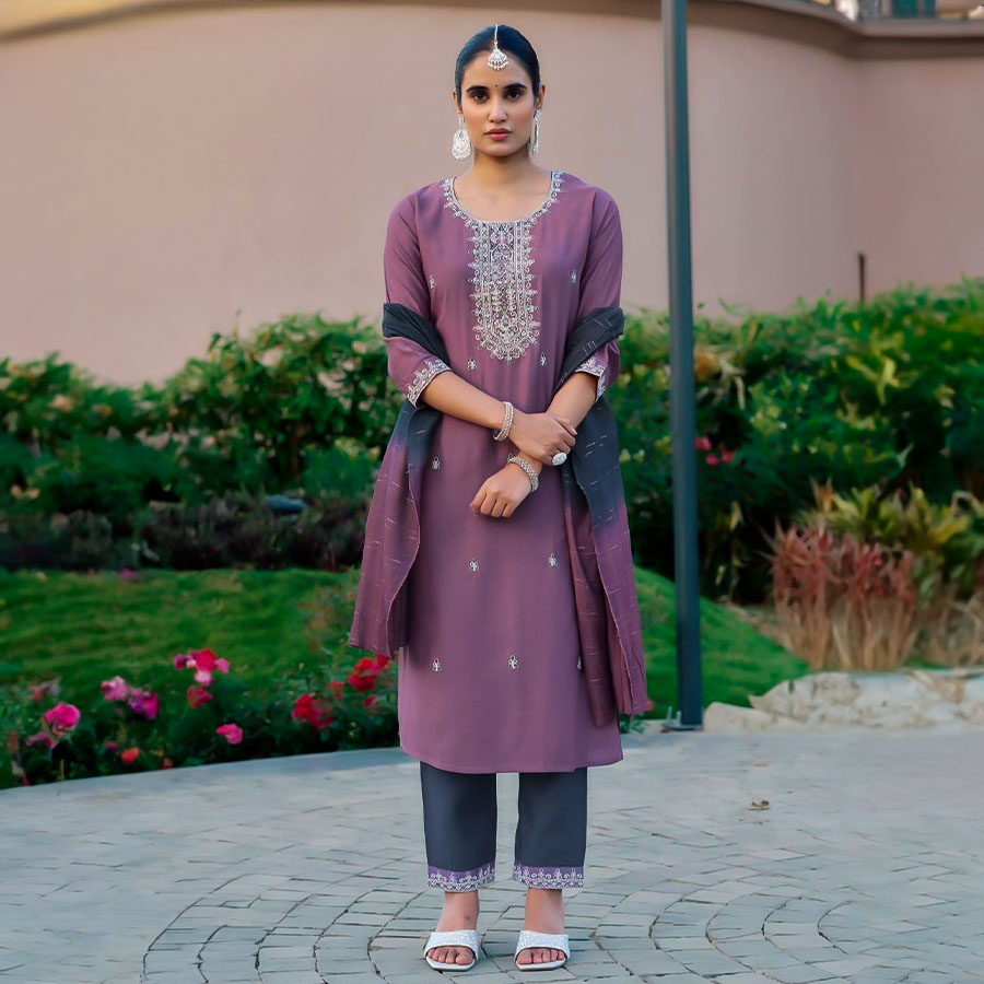 Purple Roman Silk Casual Wear Salwar Kameez