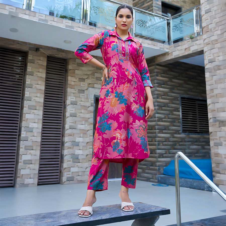 Magenta  Vertican Silk Printed Kurti