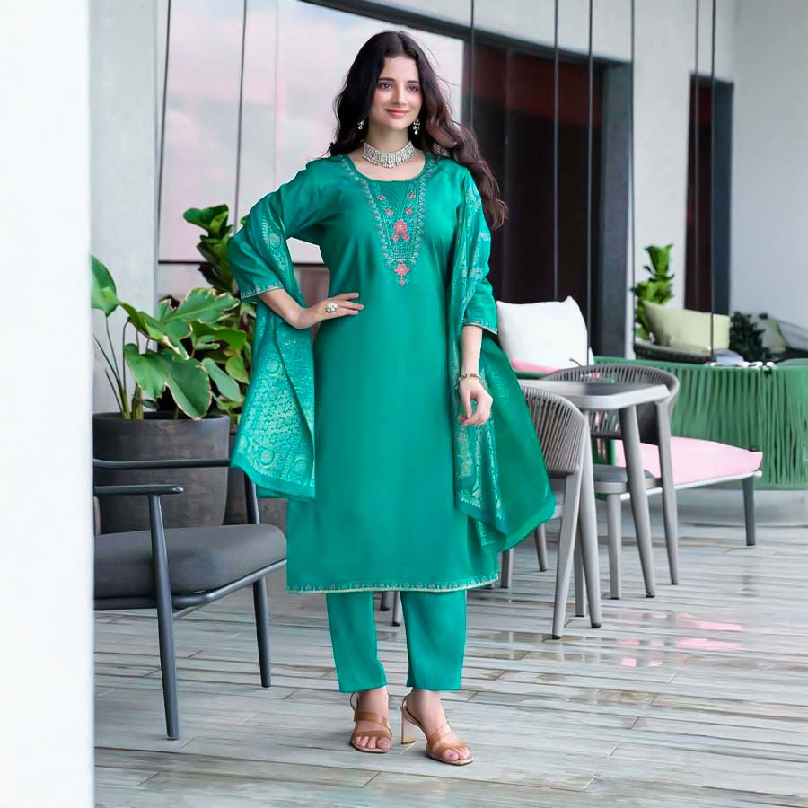 Green  Roman Silk Casual Wear Salwar Kameez