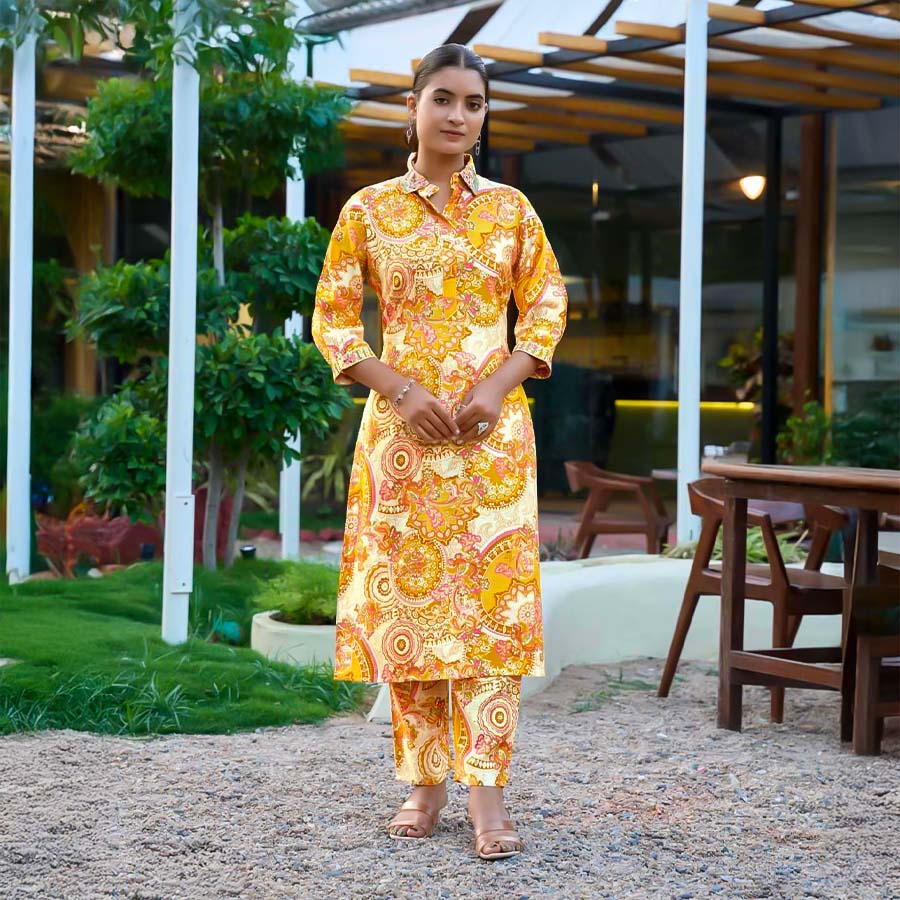 Yellow  Vertican Printed Kurti