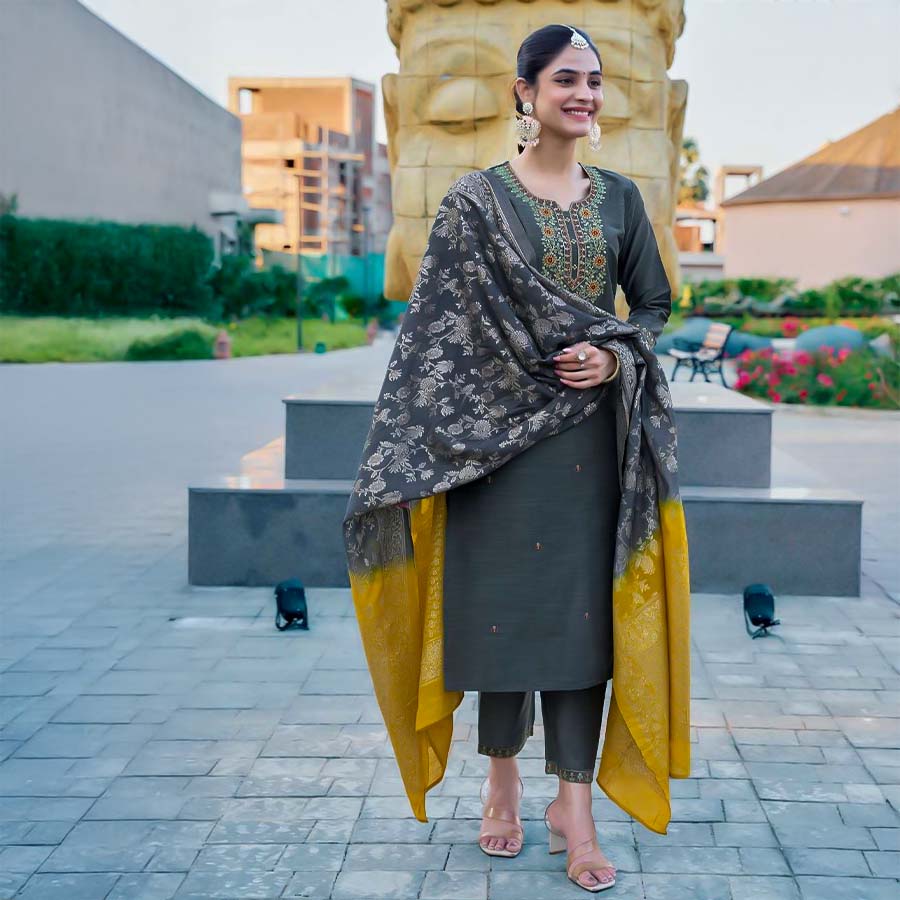 Grey Bangalori Silk Casual Wear Salwar Kameez
