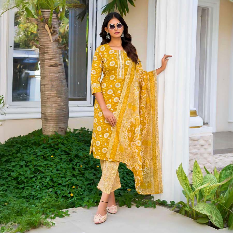 Yellow Cotton Casual Wear Salwar Kameez