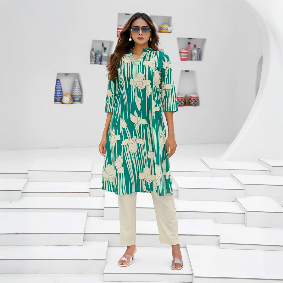 Green  Cotton Flex Printed Kurti