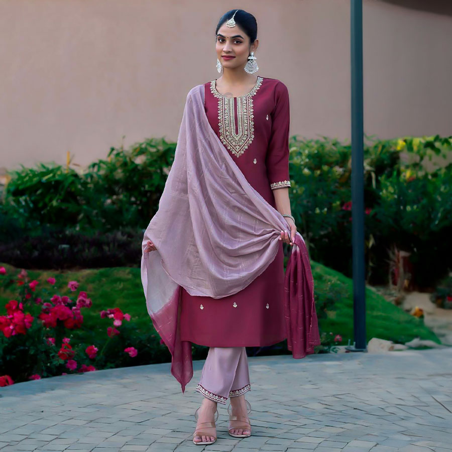 Magenta Roman Silk Casual Wear Salwar Kameez