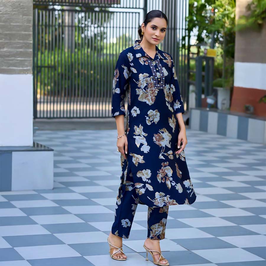 Blue  Vertican Silk Printed Kurti