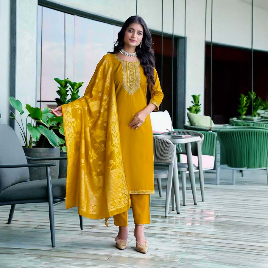 Yellow Roman Silk Casual Wear Salwar Kameez