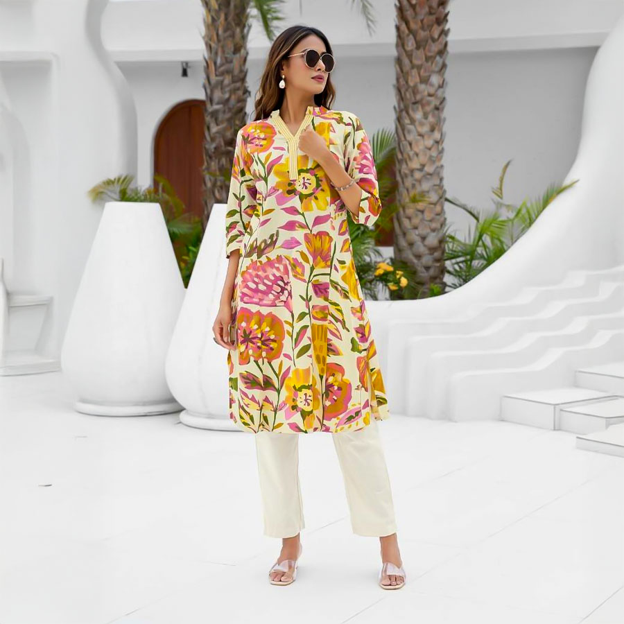 Yellow Cotton Flex Printed Kurti