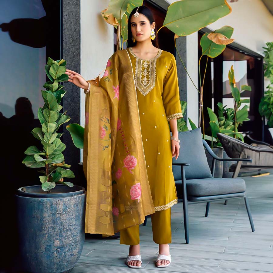 Yellow Roman Silk Casual Wear Salwar Kameez